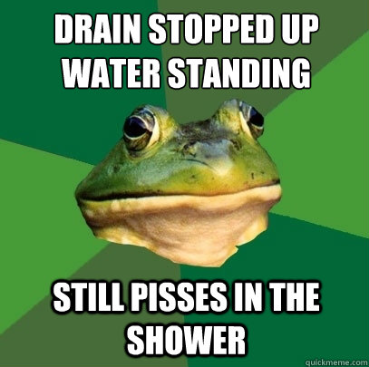 Drain stopped up
Water standing still pisses in the shower  Foul Bachelor Frog