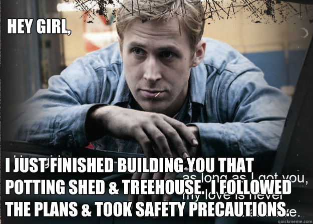 Hey Girl, I just finished building you that potting shed & treehouse.  I followed the plans & took safety precautions. - Hey Girl, I just finished building you that potting shed & treehouse.  I followed the plans & took safety precautions.  linguistics ryan gosling