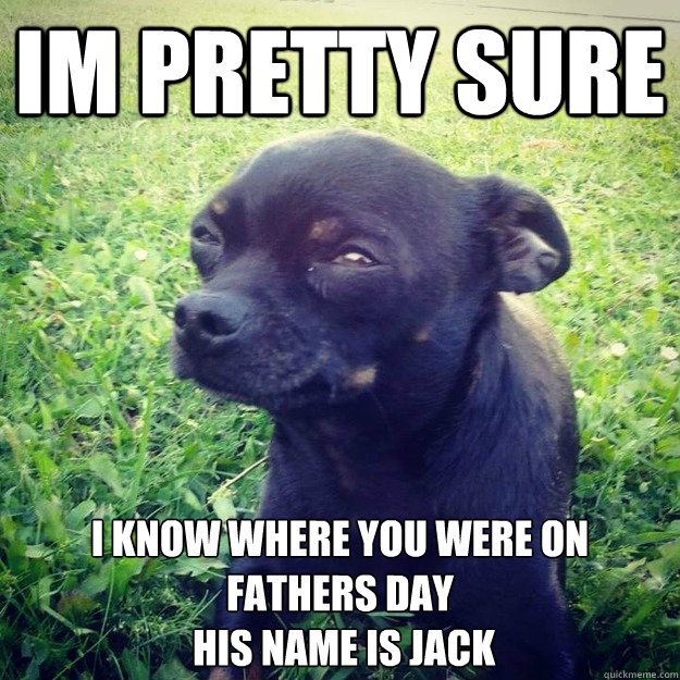 IM PRETTY SURE I know where you were on fathers day
 his name is Jack - IM PRETTY SURE I know where you were on fathers day
 his name is Jack  Skeptical Dog