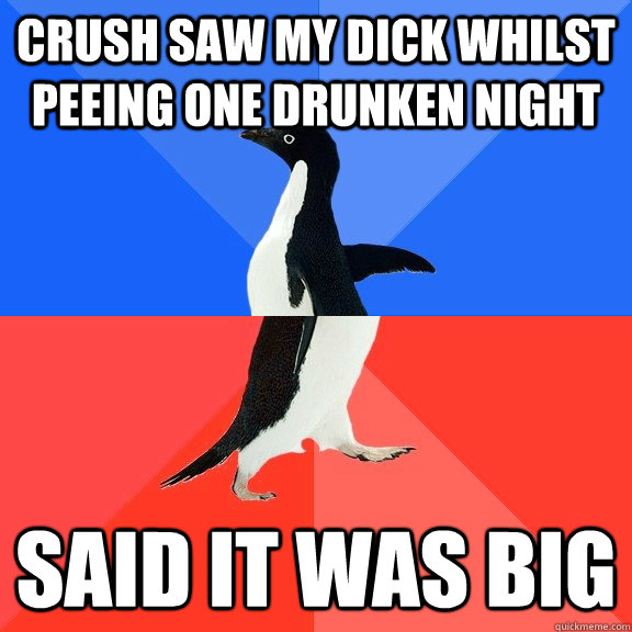 Crush saw my dick whilst peeing one drunken night Said it was big  Socially Awkward Awesome Penguin