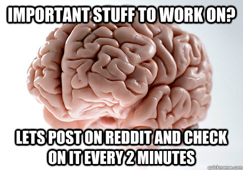 Important stuff to work on? Lets post on reddit and check on it every 2 minutes  Scumbag Brain