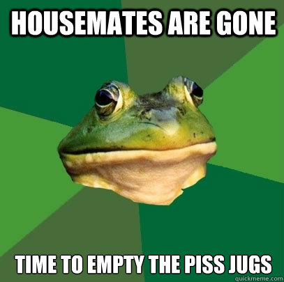 housemates are gone time to empty the piss jugs  Foul Bachelor Frog