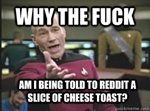 why the fuck Am I being told to reddit a slice of cheese toast?  Annoyed Picard