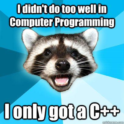 I didn't do too well in Computer Programming I only got a C++ - I didn't do too well in Computer Programming I only got a C++  Lame Pun Coon
