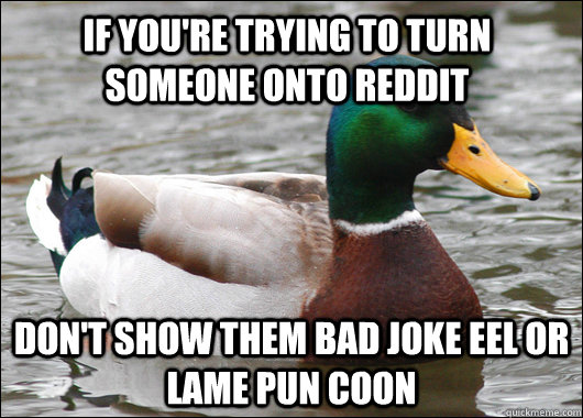 If you're trying to turn someone onto reddit Don't show them bad joke eel or lame pun coon  Actual Advice Mallard