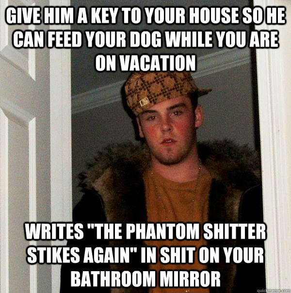 Give him a key to your house so he can feed your dog while you are on vacation Writes 