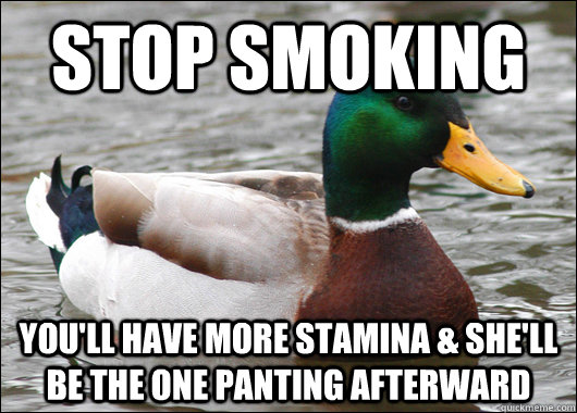 Stop smoking You'll have more stamina & she'll be the one panting afterward - Stop smoking You'll have more stamina & she'll be the one panting afterward  Actual Advice Mallard