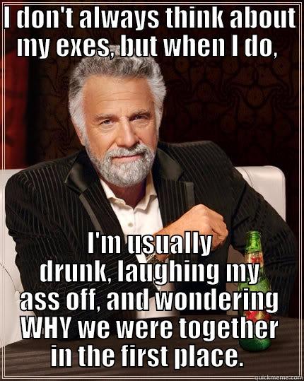 I DON'T ALWAYS THINK ABOUT MY EXES, BUT WHEN I DO,  I'M USUALLY DRUNK, LAUGHING MY ASS OFF, AND WONDERING WHY WE WERE TOGETHER IN THE FIRST PLACE.  The Most Interesting Man In The World