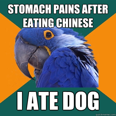Stomach pains after eating chinese I ATE DOG
  Paranoid Parrot
