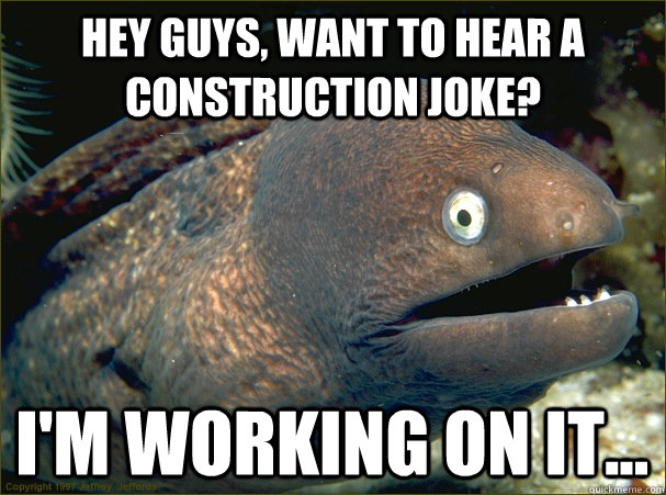 Hey guys, want to hear a construction joke? i'm working on it...  Bad Joke Eel
