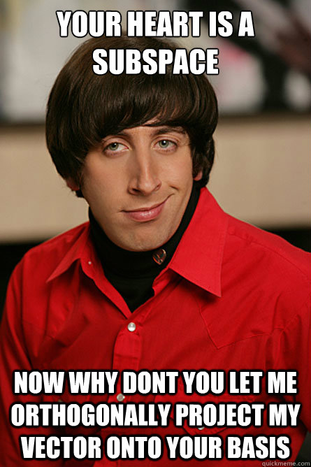 Your heart is a subspace now why dont you let me orthogonally project my vector onto your basis  Pickup Line Scientist