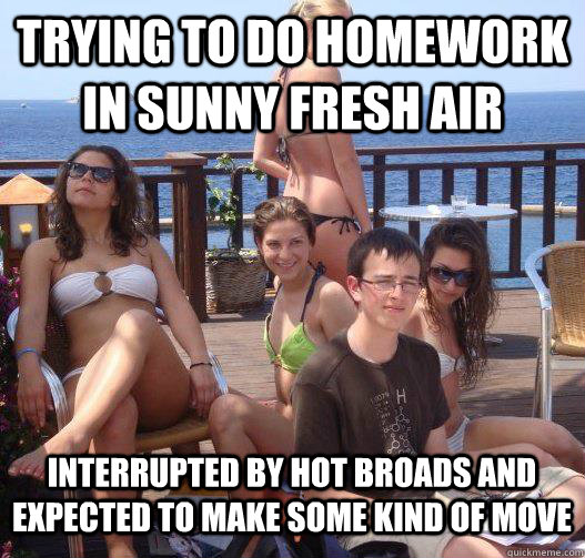 Trying to do homework in sunny fresh air Interrupted by hot broads and expected to make some kind of move  Priority Peter