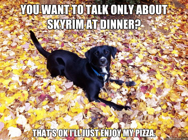 You want to talk only about skyrim at dinner? That's ok I'll just enjoy my pizza.  Guilt Giving Good Dog
