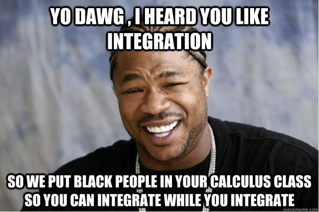 Yo dawg , i heard you like integration So we put black people in your calculus class so you can integrate while you integrate - Yo dawg , i heard you like integration So we put black people in your calculus class so you can integrate while you integrate  Shakesspear Yo dawg