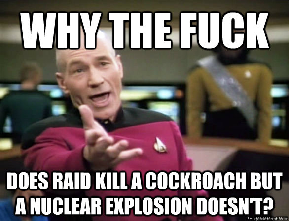 why the fuck does raid kill a cockroach but a nuclear explosion doesn't?  Annoyed Picard HD