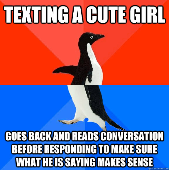 Texting a cute girl Goes back and reads conversation before responding to make sure what he is saying makes sense  Socially Awesome Awkward Penguin