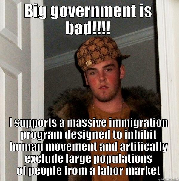 BIG GOVERNMENT IS BAD!!!! I SUPPORTS A MASSIVE IMMIGRATION PROGRAM DESIGNED TO INHIBIT HUMAN MOVEMENT AND ARTIFICIALLY EXCLUDE LARGE POPULATIONS OF PEOPLE FROM A LABOR MARKET Scumbag Steve