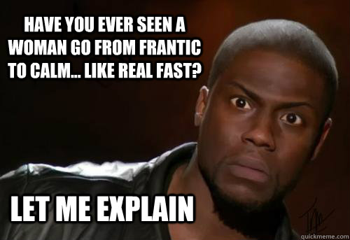 let me explain have you ever seen a woman go from frantic to calm... like real fast? - let me explain have you ever seen a woman go from frantic to calm... like real fast?  Kevin Hart Yo