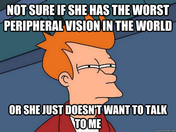 Not sure if she has the worst peripheral vision in the world Or she just doesn't want to talk to me  Futurama Fry