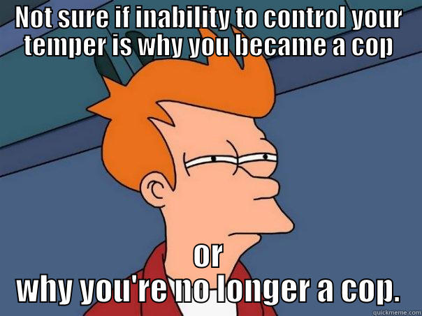 NOT SURE IF INABILITY TO CONTROL YOUR TEMPER IS WHY YOU BECAME A COP OR WHY YOU'RE NO LONGER A COP. Futurama Fry