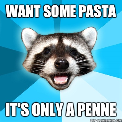 Want some pasta It's only a penne  Lame Pun Raccoon