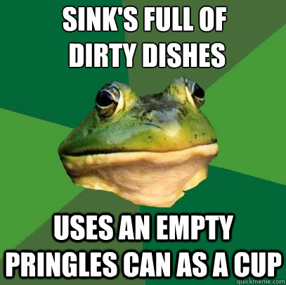 Sink's full of
 dirty dishes uses an empty pringles can as a cup  Foul Bachelor Frog