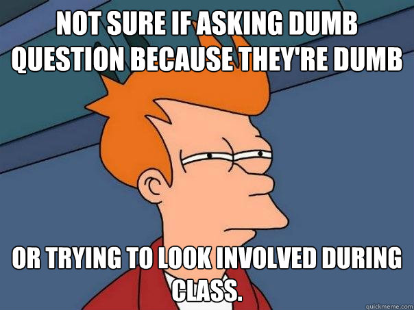 Not sure if asking dumb question because they're dumb Or trying to look involved during class.  Futurama Fry