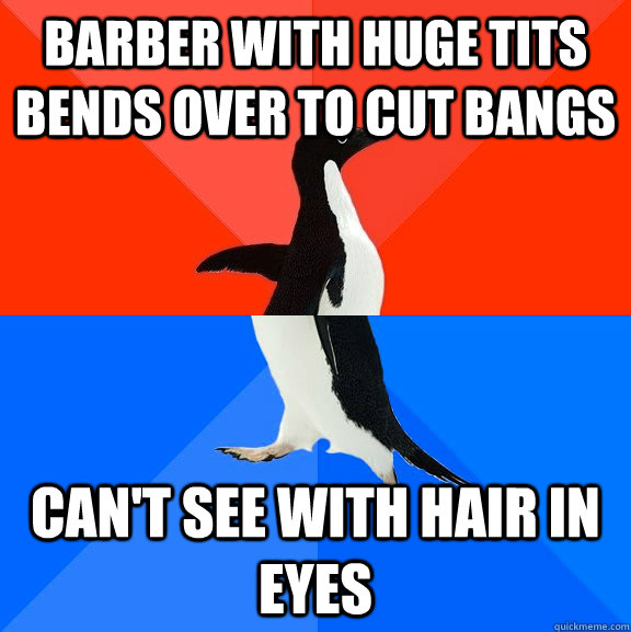 Barber with huge tits bends over to cut bangs Can't see with hair in eyes  Socially Awesome Awkward Penguin