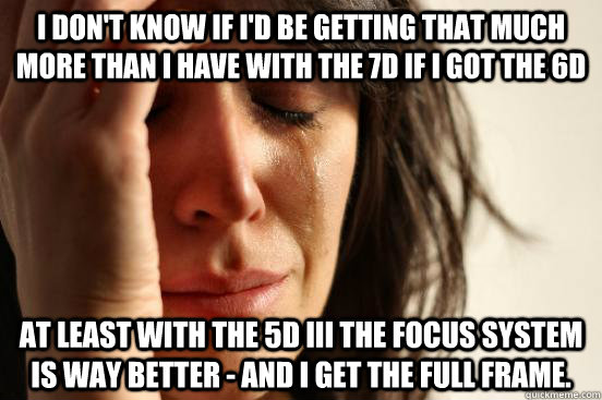 I don't know if I'd be getting that much more than I have with the 7D if I got the 6D At least with the 5d iii the focus system is way better - and I get the full frame.  First World Problems