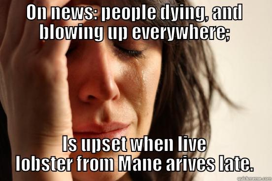 ON NEWS: PEOPLE DYING, AND BLOWING UP EVERYWHERE; IS UPSET WHEN LIVE LOBSTER FROM MANE ARIVES LATE. First World Problems