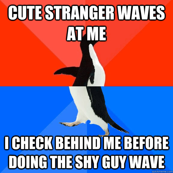 cute stranger waves at me i check behind me before doing the shy guy wave  Socially Awesome Awkward Penguin