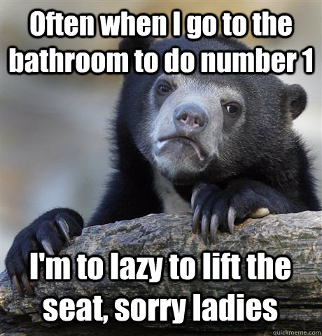 Often when I go to the bathroom to do number 1 I'm to lazy to lift the seat, sorry ladies  Confession Bear