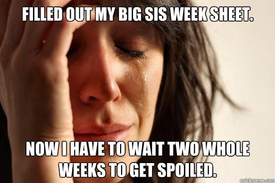 Filled out my big sis week sheet. Now I have to wait two whole weeks to get spoiled.  First World Problems