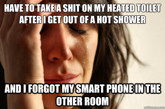 Have to take a shit on my heated toilet after i get out of a hot shower and i forgot my smart phone in the other room  First World Problems