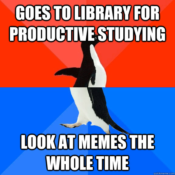 Goes to library for productive studying look at memes the whole time  Socially Awesome Awkward Penguin