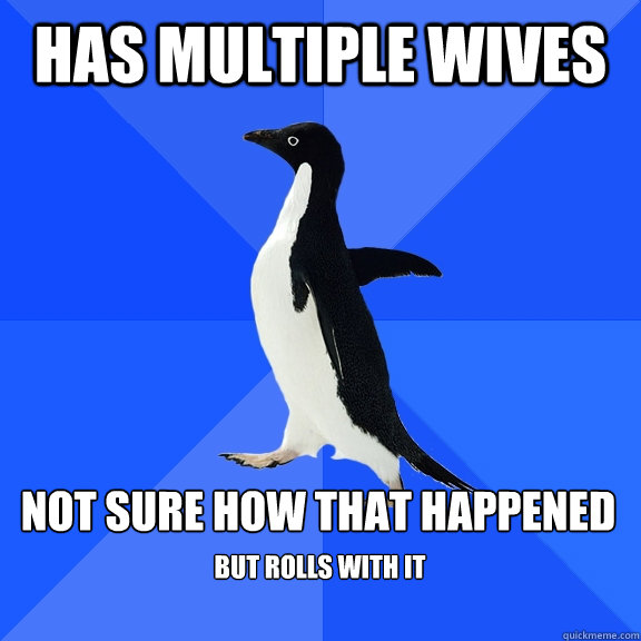 Has multiple wives Not sure how that happened but rolls with it   Socially Awkward Penguin