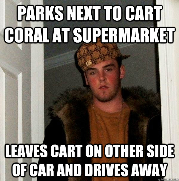 parks next to cart coral at supermarket leaves cart on other side of car and drives away  Scumbag Steve