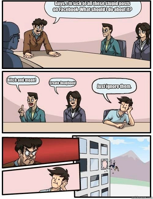 Guys, I'm sick of all these stupid posts
on Facebook. What should I do about it? Bitch and moan! Create Dougbook! Just ignore them.  Boardroom Suggestion
