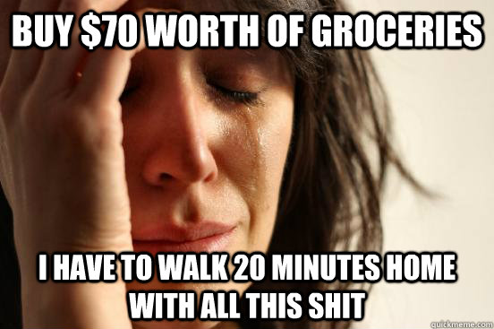 Buy $70 worth of groceries I have to walk 20 minutes home with all this shit - Buy $70 worth of groceries I have to walk 20 minutes home with all this shit  Atheist First World Problems