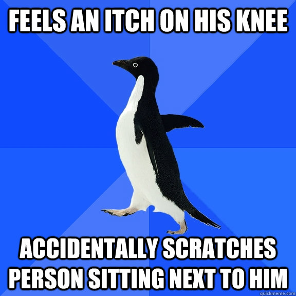 feels an itch on his knee accidentally scratches person sitting next to him - feels an itch on his knee accidentally scratches person sitting next to him  Socially Awkward Penguin