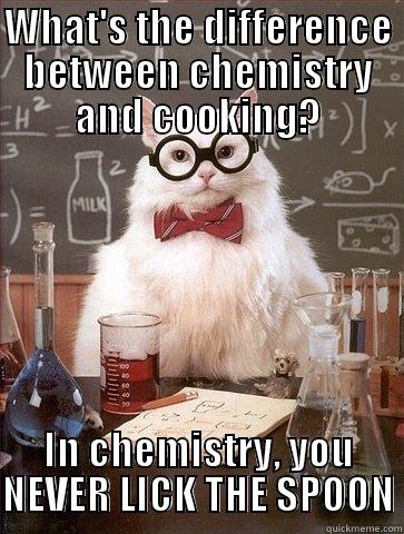 WHAT'S THE DIFFERENCE BETWEEN CHEMISTRY AND COOKING? IN CHEMISTRY, YOU NEVER LICK THE SPOON Chemistry Cat