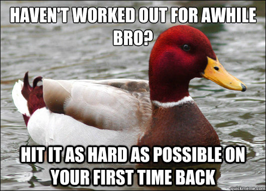 Haven't worked out for awhile bro?
 Hit it as hard as possible on your first time back  Malicious Advice Mallard