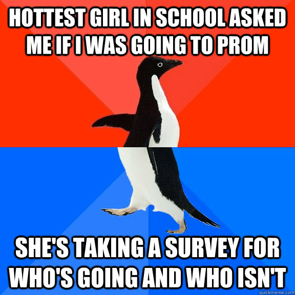 Hottest girl in school asked me if I was going to prom She's taking a survey for who's going and who isn't  Socially Awesome Awkward Penguin