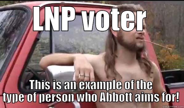 Bogan Voter - LNP VOTER THIS IS AN EXAMPLE OF THE TYPE OF PERSON WHO ABBOTT AIMS FOR! Almost Politically Correct Redneck