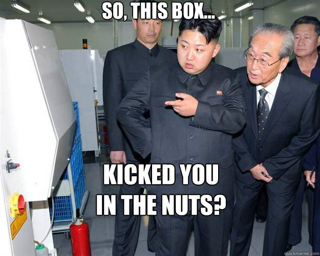 So, this box... kicked you
in the nuts?  Hungry Kim Jong Un
