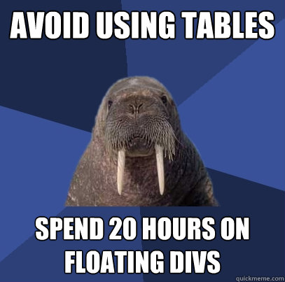 avoid using tables spend 20 hours on floating divs - avoid using tables spend 20 hours on floating divs  Web Developer Walrus