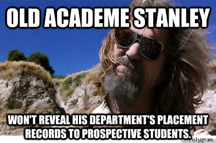 Old Academe Stanley Won't reveal his department's placement records to prospective students.    - Old Academe Stanley Won't reveal his department's placement records to prospective students.     Old Academe Stanley