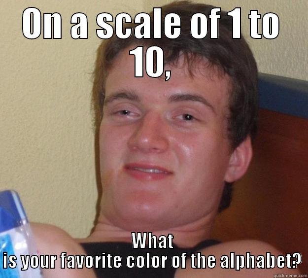 ON A SCALE OF 1 TO 10, WHAT IS YOUR FAVORITE COLOR OF THE ALPHABET? 10 Guy