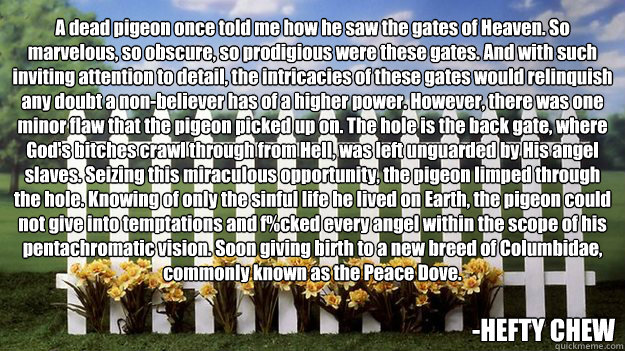 A dead pigeon once told me how he saw the gates of Heaven. So marvelous, so obscure, so prodigious were these gates. And with such inviting attention to detail, the intricacies of these gates would relinquish any doubt a non-believer has of a higher power - A dead pigeon once told me how he saw the gates of Heaven. So marvelous, so obscure, so prodigious were these gates. And with such inviting attention to detail, the intricacies of these gates would relinquish any doubt a non-believer has of a higher power Heaven