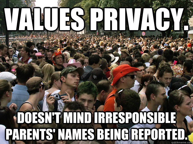 Values privacy. Doesn't mind irresponsible parents' names being reported. - Values privacy. Doesn't mind irresponsible parents' names being reported.  Dumb Society